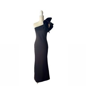 Betsy & Adam Black Asymmetrical One Shoulder Cocktail Gown